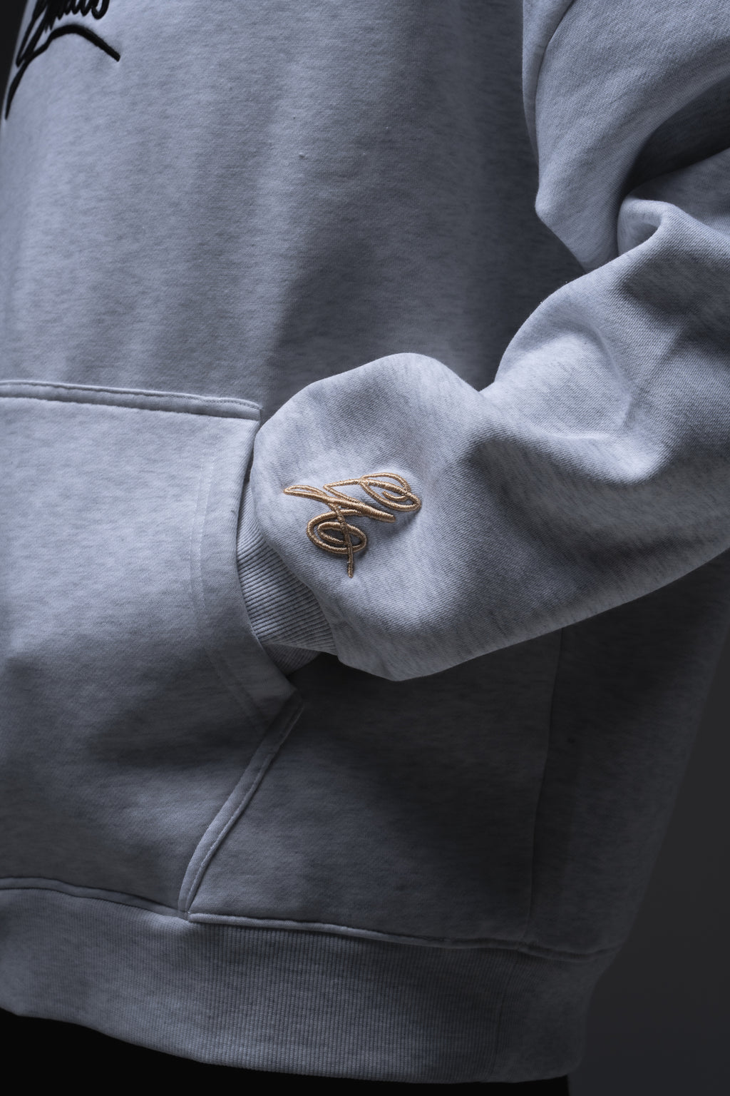 Calligraphy Hoody chest Grails script embroidery and champagne hood detail - snow marle 460gsm heavyweight hoodie