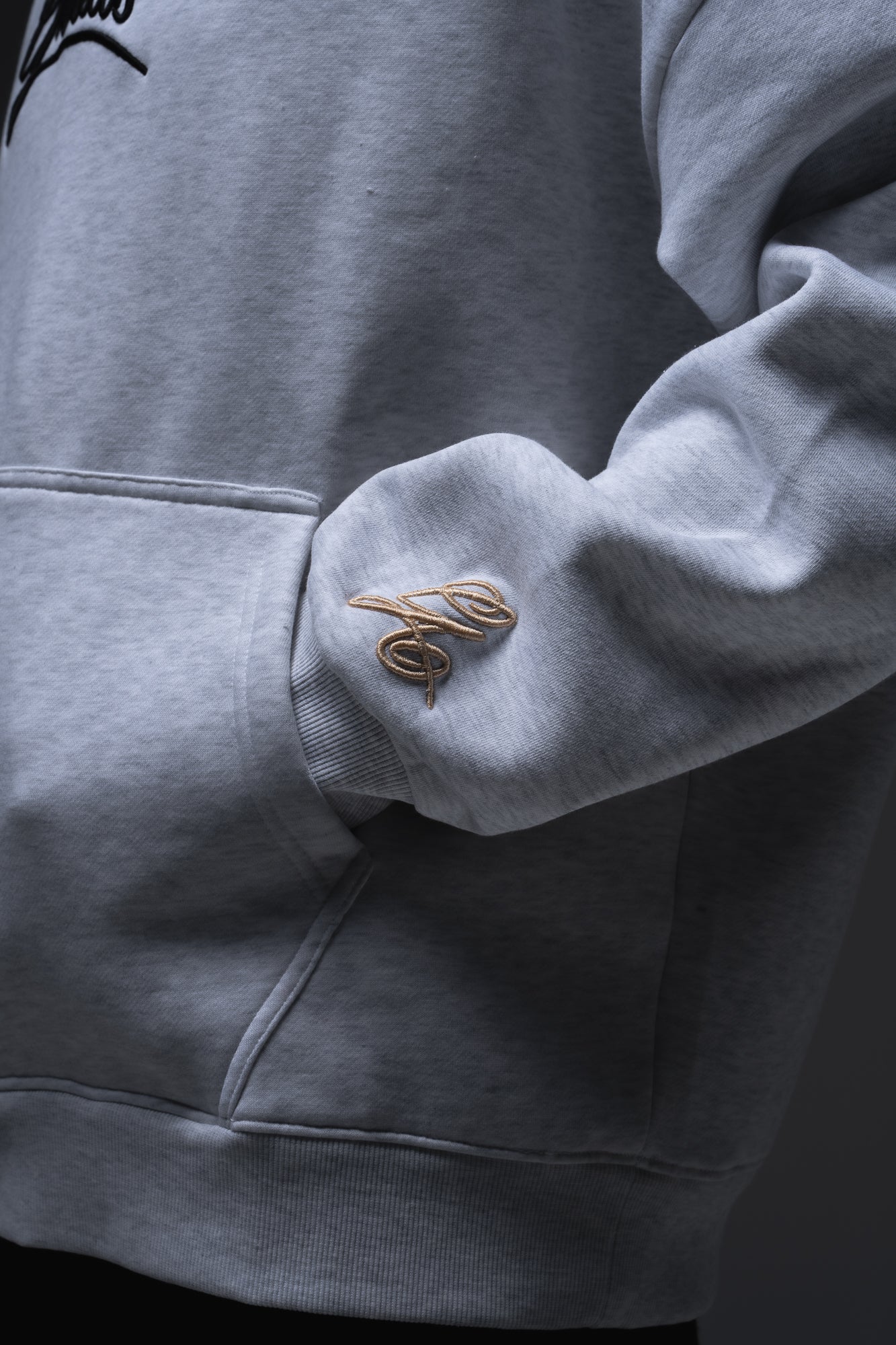 Calligraphy Hoody chest Grails script embroidery and champagne hood detail - snow marle 460gsm heavyweight hoodie
