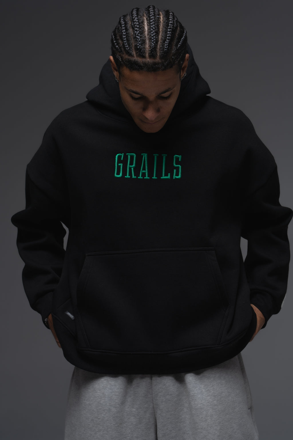 Varsity Hoodie green 3D puff chest embroidery detail - Grails Apparel black 460gsm heavyweight hoodie