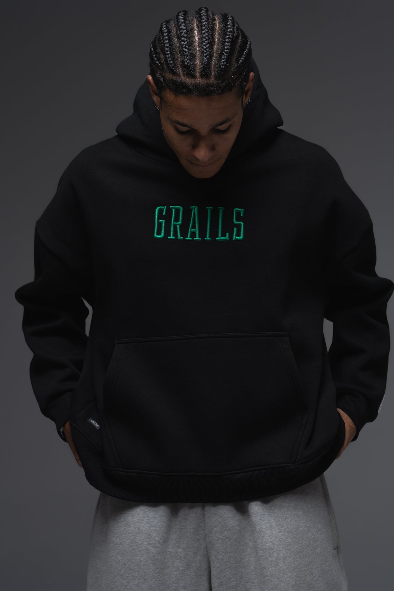 Varsity Hoodie green 3D puff chest embroidery detail - Grails Apparel black 460gsm heavyweight hoodie