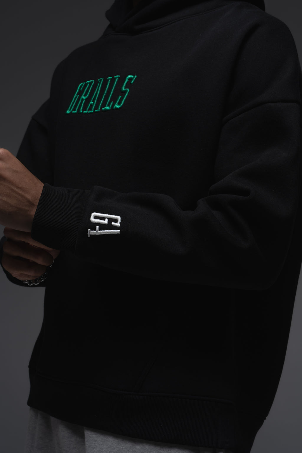 Varsity Hoodie raised monogram hood detail and kangaroo pocket - Grails Apparel black 460gsm oversized hoodie