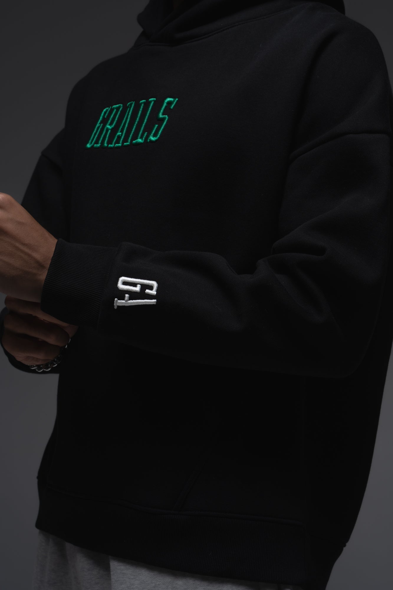 Varsity Hoodie raised monogram hood detail and kangaroo pocket - Grails Apparel black 460gsm oversized hoodie