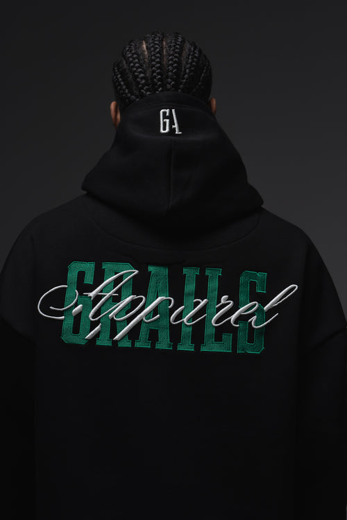 Varsity Hoodie in black, dropped shoulder oversized fit - Grails Apparel 460gsm heavyweight fleece hoodie Australia
