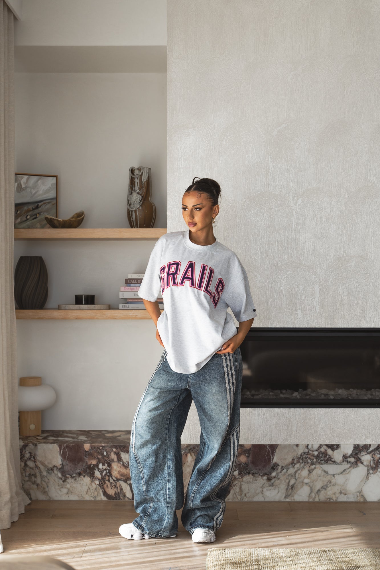 Varsity Tee applique varsity embroidery in navy, red and pink - Grails Apparel 260gsm heavyweight oversized tee