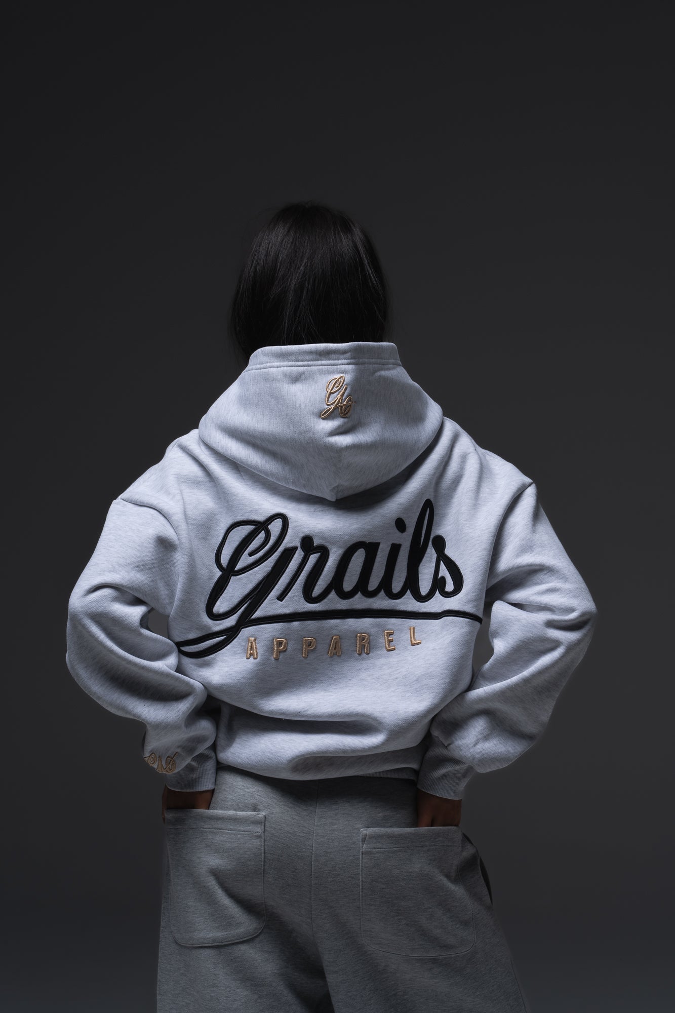 Grails Apparel Calligraphy Hoody campaign image - 460gsm heavyweight oversized hoodie in snow marle, premium Australian streetwear