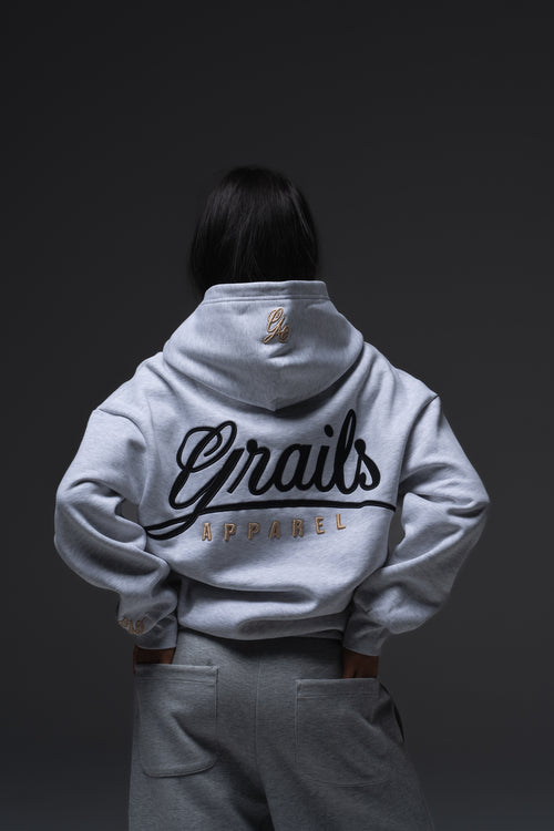 Grails Apparel Calligraphy Hoody campaign image - 460gsm heavyweight oversized hoodie in snow marle, premium Australian streetwear